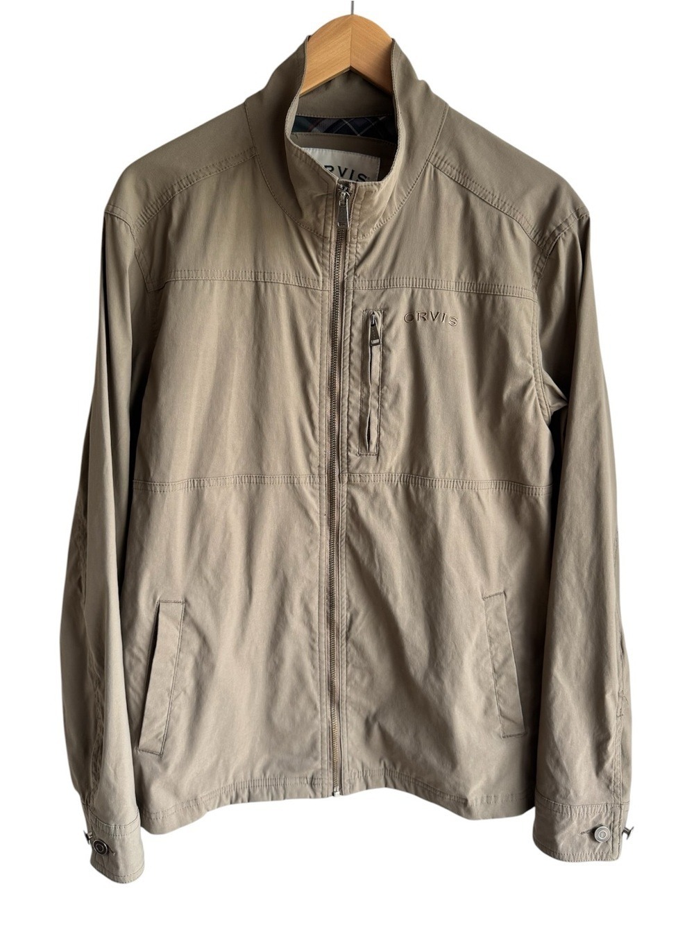 Orvis Water Resistant Stretch Jacket Mens M Khaki Beige Outdoors Neutral Coat